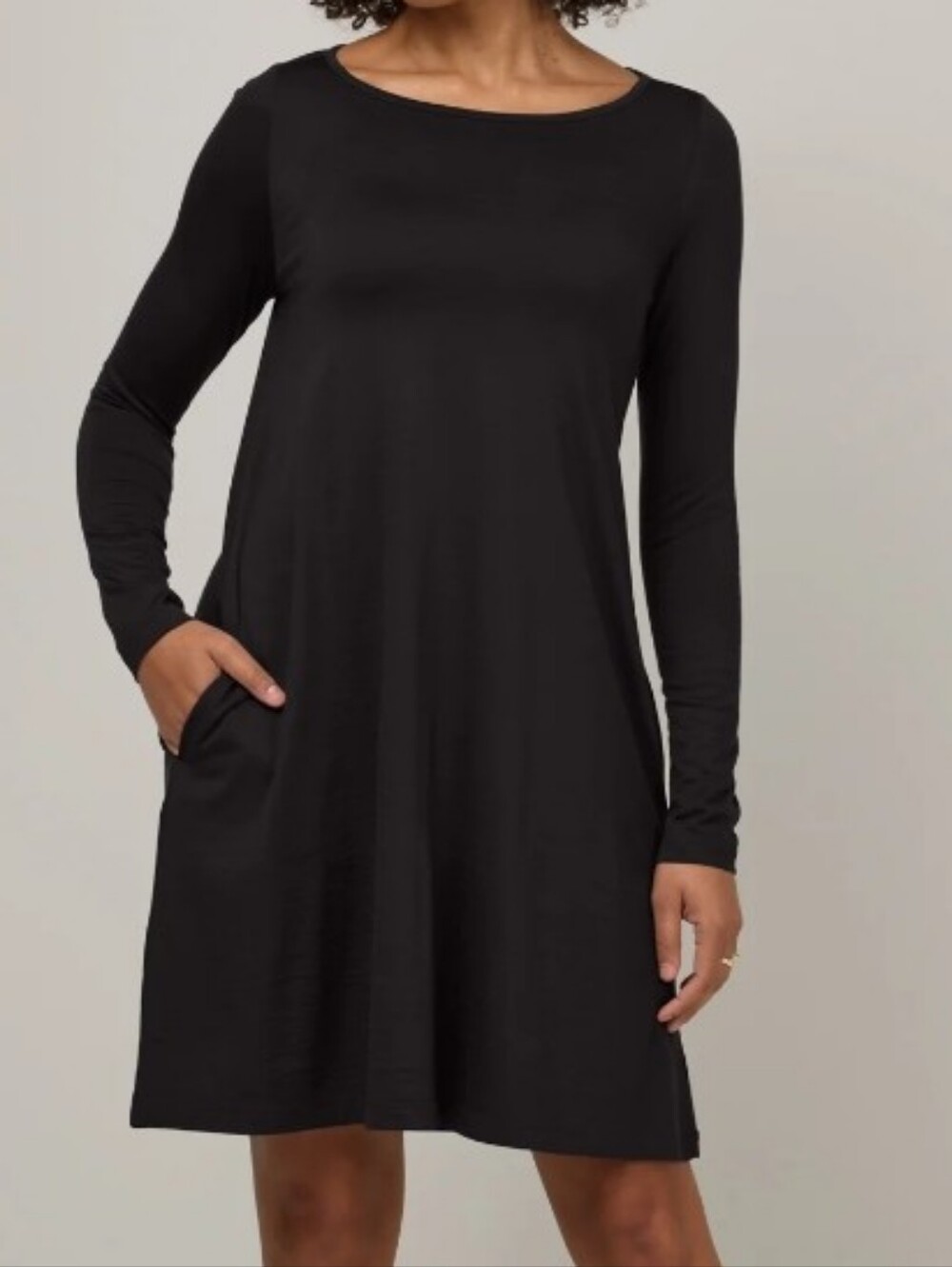 Wool& Rowena Swing Dress Merino Wool Black Long Sleeve Pockets Women's Large